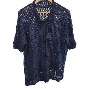 Crochet Knitted Blouse Womens XL Blue Button Top Short Sleeve Sheer Boho Indie